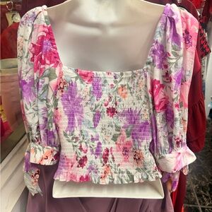 Express Pink and Purple Floral Smocked Blouse